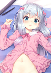 Rule 34 | 10s, 1girl, blanket, blue eyes, blush, bow, commentary request, drawing tablet, eromanga sensei, frills, hair bow, highres, izumi sagiri, lens flare, long hair, looking at viewer, lying, navel, on back, open mouth, out-of-frame censoring, pajamas, pink bow, revision, silver hair, solo, stylus, tears, tomifumi, upper body