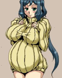 Rule 34 | 10s, 1girl, belly, blue hair, blush, breast hold, breasts, dooru, green eyes, gundam, gundam build fighters, hip focus, huge breasts, iori rinko, large breasts, long hair, lowres, mature female, oekaki, ponytail, pregnant, ribbed sweater, smile, solo, sweater, turtleneck, wide hips