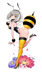 Rule 34 | 1girl, absurdres, antennae, arthropod girl, ass, bee girl, bee wings, black footwear, black nails, breasts, commentary request, dated, flower, full body, fur collar, fur cuffs, grey hair, high heels, highres, insect girl, insect wings, iroyopon, large breasts, leotard, looking at viewer, medium hair, nail polish, orange thighhighs, original, petals, signature, simple background, skindentation, smile, solo, standing, standing on one leg, thighhighs, white background, wings, yellow eyes