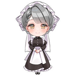 Rule 34 | 1girl, anzu 1026, apron, black dress, black footwear, blunt bangs, braid, chibi, dress, frilled dress, frills, grey hair, hat, maid apron, mob cap, nana-chan (wactor production), official art, own hands together, short hair, simple background, smile, solo, wactor production, white apron, white background, white mob cap, yellow eyes