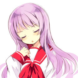 Rule 34 | 1girl, :o, blush, closed eyes, copyright request, facing viewer, hand up, head tilt, kurasuke, long hair, lowres, parted lips, pink hair, red neckwear, school uniform, serafuku, shirt, simple background, sketch, sleeves past wrists, solo, to heart, to heart (series), upper body, white background, white shirt