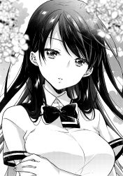 Rule 34 | 1girl, blurry, blurry foreground, bow, breasts, collared shirt, commentary request, depth of field, dress shirt, eyebrows hidden by hair, flower, greyscale, highres, kuune rin, long hair, looking at viewer, medium breasts, monochrome, original, parted lips, shirt, short sleeves, solo, swept bangs, upper body