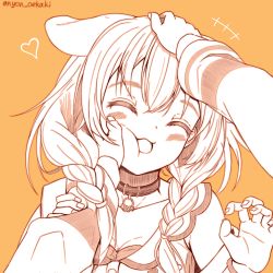Rule 34 | 2girls, absurdres, animal collar, animal ears, arms up, artist name, blush, braid, braided ponytail, breasts, cheek squash, cleavage, closed eyes, coat, collar, collared dress, dog ears, dog girl, dress, fang, greyscale, hand on another&#039;s arm, hand on another&#039;s cheek, hand on another&#039;s face, hands up, happy, head tilt, headpat, heart, highres, hololive, inugami korone, inugami korone (1st costume), long sleeves, monochrome, multiple girls, nekomata okayu, nyoon, off shoulder, open mouth, orange background, pixiv id, pov, pov hands, sailor collar, simple background, smile, solo focus, thick eyebrows, twin braids, twintails, virtual youtuber