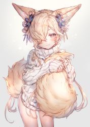 Rule 34 | 1boy, animal ears, bare legs, blonde hair, blush, closed mouth, commentary request, contrapposto, cow boy, crossdressing, dress, erune, fingernails, fox ears, fox tail, granblue fantasy, hair ornament, hair over one eye, highres, hugging own tail, hugging tail, kou (granblue fantasy), large tail, long hair, looking at viewer, male focus, nail polish, one eye covered, ribbed sweater, shigaraki (strobe blue), simple background, sleeves past wrists, smile, solo, standing, sweater, sweater dress, tail, white background, white sweater, yellow eyes