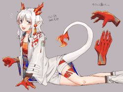 Rule 34 | 1girl, arknights, arm support, arm tattoo, bandeau, braid, character name, colored skin, commentary, dated, dragon girl, dragon horns, dragon tail, ear piercing, fang, feet out of frame, flame-tipped tail, grey background, highres, horns, jacket, kawaii inu5, leg tattoo, looking at viewer, lying, multicolored hair, nian (arknights), notice lines, on side, open clothes, open jacket, open mouth, piercing, pointy ears, purple eyes, red bandeau, red hair, red skin, shorts, simple background, single braid, solo, streaked hair, tail, tattoo, white footwear, white hair, white jacket, white shorts