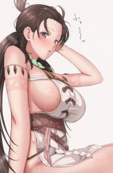 Rule 34 | 1girl, arm support, armlet, bead necklace, beads, blush, body markings, breasts, brown hair, commentary request, facial mark, fate/grand order, fate (series), forehead, forehead mark, grey eyes, highres, himiko (fate), himiko (first ascension) (fate), jewelry, large breasts, long hair, low tied hair, magatama, magatama necklace, mame rakko, necklace, no bra, no panties, pelvic curtain, sideboob, sitting, sweat, thighs, topknot, white background
