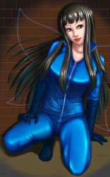 Rule 34 | 1girl, 7/11 (fukuso), against wall, aged up, alternate costume, arm at side, black hair, blue bodysuit, blue eyes, blue gloves, blunt bangs, bodysuit, breasts, brick wall, closed mouth, elbow gloves, gloves, head tilt, large breasts, long hair, looking at viewer, medium breasts, on one knee, smile, solo, star sapphire, straight hair, touhou, zipper