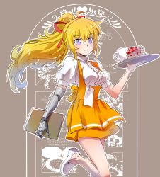 Rule 34 | 1girl, anna miller, apron, blonde hair, blouse, cake, commentary request, cup, food, hairband, iesupa, mug, name tag, prosthesis, prosthetic arm, purple eyes, rwby, shirt, shoes, smile, solo, tray, waitress, white shirt, yang xiao long