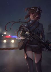 Rule 34 | 1girl, absurdres, bag, belt, black gloves, black sky, black thighhighs, brown hair, cameltoe, car, floating hair, garter straps, girls&#039; frontline, gloves, gun, hairband, highres, holding, holding gun, holding weapon, jay xu, long hair, long sleeves, looking to the side, motor vehicle, night, night sky, outdoors, police car, red eyes, rifle, scenery, signature, sky, sniper rifle, solo, standing, star (sky), starry sky, thighhighs, trigger discipline, type 79 (girls&#039; frontline), type 79 smg, weapon, white hairband