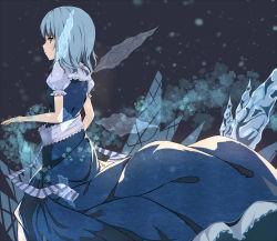 Rule 34 | 1girl, alternate costume, blue dress, blue eyes, blue hair, cirno, dress, from behind, highres, ice, ice wings, long dress, looking at viewer, looking back, matching hair/eyes, no headwear, profile, puffy sleeves, ribbon, sash, short hair, short sleeves, soha (sirohase), solo, striped, touhou, upskirt, wings