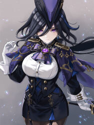 Rule 34 | 1girl, black hair, blue hair, breasts, celsior, clorinde (genshin impact), corset, epaulettes, frown, genshin impact, gloves, hat, holding, holding sword, holding weapon, large breasts, light particles, long hair, looking at viewer, pantyhose, purple eyes, shirt, solo, sword, tricorne, very long hair, weapon, white gloves