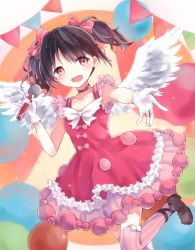 Rule 34 | 10s, 1girl, :d, angel wings, black hair, bow, choker, collarbone, dress, gloves, hair bow, holding, layered dress, looking at viewer, love live!, love live! school idol festival, love live! school idol project, microphone, open mouth, outstretched arm, pennant, pink thighhighs, reaching, red dress, red eyes, sentaro207, shoes, short hair, sleeveless, sleeveless dress, smile, solo, string of flags, striped clothes, striped thighhighs, thighhighs, twintails, vertical-striped clothes, vertical-striped thighhighs, white gloves, wings, yazawa nico