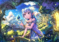 Rule 34 | 1girl, absurdres, bare shoulders, blue eyes, blue hair, cloud, collarbone, day, elf, fantasy, forest, green eyes, highres, huge filesize, looking at another, mountain, multicolored eyes, nattorin, nature, original, pointy ears, scenery, sky, tree, upper body