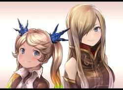 Rule 34 | 00s, 10s, 2girls, bad id, bad pixiv id, blonde hair, blue eyes, blush, breasts, closed mouth, crossover, granblue fantasy, green hair, hair over one eye, io (granblue fantasy), letterboxed, long hair, looking at viewer, multicolored hair, multiple girls, orange hair, smile, sukemyon, tales of (series), tales of the abyss, tear grants, upper body