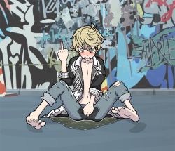 Rule 34 | 1boy, angry, between legs, blush, coat, denim, embarrassed, graffiti, hand between legs, highres, jacket, jacket on shoulders, jeans, kanade rindou, male focus, middle finger, midriff, navel, no shirt, pants, pee, peeing, peeing self, puddle, shin subarashiki kono sekai, subarashiki kono sekai, teeth, toes, trench coat, wet, wet clothes