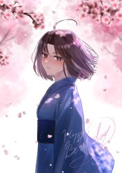 1girl black_eyes black_hair blue_kimono blush breasts cherry_blossoms highres japanese_clothes kara_no_kyoukai kimono looking_at_viewer ryougi_shiki short_hair simple_background small_breasts warp226 wide_sleeves