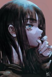 1girl bad_id bad_twitter_id black_hair blue_eyes blunt_bangs brown_background hand_on_own_chin highres long_hair looking_ahead nail_polish original parted_lips signature simple_background solo upper_body yu_(stdio_nameraka)