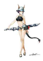 Rule 34 | 1girl, absurdres, arknights, arm behind back, bare arms, bare legs, bare shoulders, baseball cap, bikini, black bikini, black footwear, blue hair, breasts, ch&#039;en (arknights), ch'en (arknights), commentary, crossed legs, dragon horns, dragon tail, female tourist c (arknights), full body, grey shorts, halterneck, hat, highleg, highleg bikini, highres, horns, crossed legs, long hair, looking at viewer, medium breasts, navel, official alternate costume, pouch, red eyes, sandals, short shorts, shorts, shuni valentine, sidelocks, simple background, smile, solo, standing, stomach, swimsuit, tail, thighs, watson cross, white background
