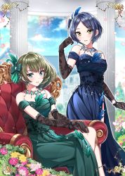 Rule 34 | 2girls, blue dress, blue eyes, blue feathers, blue hair, blue sky, blush, bracelet, breasts, chair, cloud, collarbone, column, dress, earrings, elbow gloves, feathers, flower, gloves, green dress, green eyes, green feathers, green hair, hair ornament, hayami kanade, heterochromia, highres, idolmaster, idolmaster cinderella girls, idolmaster cinderella girls starlight stage, jewelry, lace, lace gloves, looking at viewer, mansion, medium breasts, mole, mole under eye, multiple girls, mysterious eyes (idolmaster), necklace, off-shoulder dress, off shoulder, outdoors, parted lips, petals, pillar, pink flower, plant, pretty liar (idolmaster), short hair, side slit, sitting, sky, smile, sutoroa, takagaki kaede, tree, yellow eyes, yellow flower