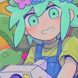 Rule 34 | 1boy, aqua eyes, aqua hair, basil (headspace) (omori), basil (omori), blue flower, blue overalls, blue rose, blush, buttons, camera, child, flower, flower wreath, gradient background, green shirt, grin, hair between eyes, halftone, halftone background, hand out of frame, head wreath, holding, holding camera, leaf, looking at viewer, omori, overalls, pink background, pink flower, plant, rose, shirt, short hair, short sleeves, smile, solo, sr ld fr, t-shirt, upper body, vines, wide-eyed, yellow background