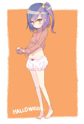 Rule 34 | 1girl, barefoot, bloomers, blush, clothes lift, green eyes, hair bobbles, hair ornament, halloween, lifting own clothes, long hair, navel, no pants, one side up, orange background, original, purple hair, ribbed sweater, side ponytail, solo, sweater, sweater lift, takasaki yuuki, turtleneck, underwear