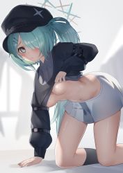 Rule 34 | 1girl, absurdres, all fours, aqua eyes, black hat, black socks, blue archive, blush, breasts, closed mouth, clothes lift, e buki, grey skirt, hair ornament, hair over one eye, hairclip, halo, hat, highres, hiyori (blue archive), kneehighs, lifting own clothes, long hair, long sleeves, looking at viewer, medium breasts, ponytail, shirt lift, side ponytail, skirt, socks, solo, thighs, very long hair