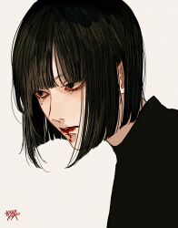 Rule 34 | 1boy, black hair, black shirt, blood, blood from mouth, blunt ends, bob cut, brown eyes, from side, highres, kagoya1219, male focus, original, shirt, short hair, signature, simple background, solo, tears, turtleneck, upper body, white background
