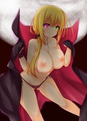 Rule 34 | 1girl, bad id, bad pixiv id, bikini, bikini bottom only, black bikini, black cape, black ribbon, blonde hair, blush, breasts, cape, collarbone, cross, cross necklace, dracu-riot!, eyebrows, fang, fang out, front-tie top, glowing, glowing eyes, gluteal fold, green eyes, hair ribbon, heterochromia, highres, jewelry, kyouno komatsu, large breasts, long hair, looking at viewer, low ponytail, moon, navel, necklace, nicola cepheus, nipples, red eyes, ribbon, shaded face, side-tie bikini bottom, side ponytail, smile, solo, swimsuit, tareme, topless, wristband