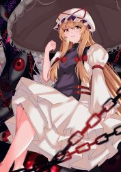 Rule 34 | 1girl, arm at side, arm strap, blonde hair, blurry, bow, breasts, chain, depth of field, dress, floating, gap (touhou), hair between eyes, hair bow, hand up, hat, hat ribbon, highres, ishimaru (ishimarust), legs, long hair, long sleeves, looking at viewer, medium breasts, mob cap, no shoes, open mouth, purple tabard, red bow, red eyes, red ribbon, reflection, ribbon, sidelocks, smile, solo, space, tabard, touhou, umbrella, very long hair, white dress, white hat, white umbrella, wide sleeves, yakumo yukari, yellow eyes