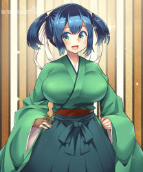 Rule 34 | 1girl, artist name, blue eyes, blue hair, blush, breasts, brown gloves, gloves, green hakama, green kimono, hair between eyes, hakama, highres, japanese clothes, kantai collection, kimono, large breasts, long sleeves, open mouth, partially fingerless gloves, partly fingerless gloves, short hair, signature, smile, solo, souryuu (kancolle), twintails, umigarasu (kitsune1963), upper body, watermark, web address, wide sleeves, yugake