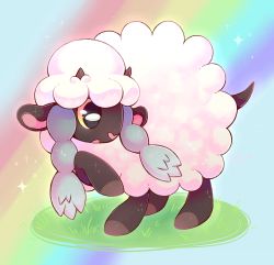 Rule 34 | absurdres, black eyes, colored sclera, creatures (company), flufflixx, full body, game freak, gen 8 pokemon, grass, highres, leg up, nintendo, no humans, open mouth, pokemon, pokemon (creature), rainbow, rainbow background, sheep, solo, sparkle, standing, wooloo, yellow sclera