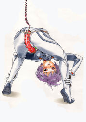 Rule 34 | 1girl, ass, ayanami rei, bent over, blue hair, blush, bodysuit, breasts, dildo, from behind, interface headset, looking at viewer, looking back, looking through own legs, minazuki juuzou, neon genesis evangelion, plugsuit, purple hair, red eyes, sex toy, short hair, simple background, small breasts, solo, spread legs, studded vibrator, vibrator, white background, white bodysuit