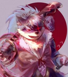 Rule 34 | 1boy, animal ear fluff, animal ears, animal skull, badai, character request, check character, chinese commentary, collared shirt, commentary request, darkness, dated, dated commentary, fang, fenrir (housamo), furry, furry male, gakuran, glowing, glowing eye, hand on hilt, highres, holding, holding weapon, long hair, long sleeves, male focus, mohawk, monochrome, open mouth, red circle, red eyes, school uniform, sheath, sheathed, shirt, smile, spot color, thick eyebrows, tokyo houkago summoners, two-tone fur, weapon, white background, wolf boy, wolf ears