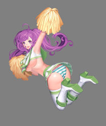 Rule 34 | 1girl, :d, ahoge, armpits, arms up, ass, boots, breasts, cheerleader, crop top, cross-laced footwear, female focus, floating hair, from behind, full body, grey background, high heel boots, high heels, jumping, knee boots, lace-up boots, large breasts, long hair, looking at viewer, looking back, midriff, miniskirt, naco (manacool), neckerchief, no bra, open mouth, original, outstretched arm, panties, pom pom (cheerleading), purple eyes, purple hair, sailor collar, shoe soles, simple background, skirt, sleeveless, smile, solo, striped clothes, striped panties, thighhighs, twintails, underboob, underwear