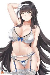 Rule 34 | 1girl, arm up, armpit crease, armpits, aslindsamure, black hair, blush, bow, bow bra, bow panties, bra, breasts, cleavage, commentary, cowboy shot, flower, garter straps, girls&#039; frontline, groin, hair flower, hair ornament, hairband, hand on own thigh, highres, lace, lace-trimmed legwear, lace trim, large breasts, lingerie, long hair, looking at viewer, mole, mole under eye, navel, panties, patreon username, simple background, skindentation, smile, solo, stomach, thighhighs, thighs, type 95 (girls&#039; frontline), underwear, underwear only, very long hair, white background, white bra, white hairband, white panties, yellow eyes