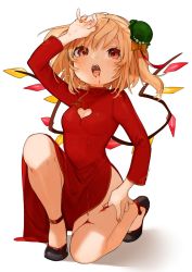 Rule 34 | 1girl, alternate costume, arm up, artist name, bad id, bad pixiv id, bare legs, black footwear, blonde hair, blood, bow, breasts, china dress, chinese clothes, commentary request, crystal, dress, fang, fangs, flandre scarlet, full body, gotou (nekocat), green hat, hair between eyes, hat, hat bow, highres, long sleeves, looking at viewer, medium breasts, mini hat, mob cap, nail polish, on one knee, one side up, open mouth, orange bow, orange nails, pointy ears, red eyes, shadow, shoes, short hair, side slit, signature, simple background, solo, thighs, tilted headwear, touhou, white background, wings