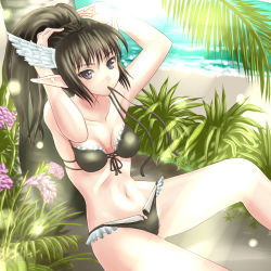 Rule 34 | adjusting hair, beach, bikini, black eyes, black hair, day, head wings, highres, long hair, mouth hold, outdoors, pointy ears, ponytail, pt@i, ribbon, ribbon in mouth, sega, shining (series), shining wind, solo, swimsuit, water, wings, xecty ein