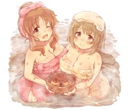 Rule 34 | 2girls, 7010, ;d, basket, blush, breasts, brown eyes, brown hair, cleavage, commentary request, floral print, food, heart, heart print, idolmaster, idolmaster cinderella girls, large breasts, looking at viewer, mimura kanako, muffin, multiple girls, naked towel, one eye closed, onsen, open mouth, partially submerged, pink towel, short hair, smile, totoki airi, towel, towel on head, water, wet, yellow towel