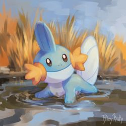 Rule 34 | brown eyes, closed mouth, commentary, creatures (company), day, english commentary, game freak, gen 3 pokemon, looking to the side, mud, mudkip, nintendo, no humans, outdoors, pokemon, pokemon (creature), rileykitty, signature, sky, smile, solo, water, wetland