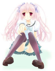 Rule 34 | 1boy, ahoge, black thighhighs, blue striped panties, blush, bow, bulge, crossdressing, dress, food, gradient background, hair bow, kohachi honey, long hair, male focus, open mouth, original, panties, pink hair, popsicle, red dress, red eyes, ribbon, school uniform, sitting, solo, striped clothes, striped panties, thighhighs, trap, twintails, underwear