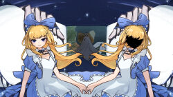 Rule 34 | 1boy, 2girls, alice (black souls), apron, black liquid, black souls, blonde hair, blue bow, blue dress, blue eyes, blue ribbon, bow, covered face, cowboy shot, detached collar, dress, frilled apron, frills, grimm (black souls), hair bow, highres, long hair, looking at viewer, map, multiple girls, neck ribbon, parted lips, puffy short sleeves, puffy sleeves, ribbon, short sleeves, sidelocks, smile, spoilers, white apron, zi cha mo xue