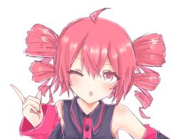 Rule 34 | 1girl, :o, ahoge, bare shoulders, black shirt, black sleeves, blush, commentary, detached sleeves, drill hair, hand up, highres, index finger raised, kasane teto, looking at viewer, nail polish, one eye closed, open mouth, red eyes, red hair, red nails, shirt, short hair, shoulder blush, simple background, sketch, sleeveless, sleeveless shirt, solo, twin drills, upper body, utau, white background, xaruex
