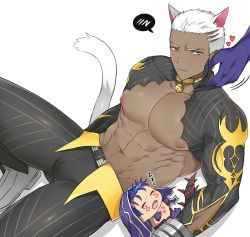 Rule 34 | 2boys, abs, alternate costume, animal ears, archer (fate), archer alter (fate), bara, bell, biceps, blush, cat ears, cat tail, chest tattoo, chibi, closed eyes, coat, collar, cu chulainn (fate), cu chulainn alter (fate), facial tattoo, fate/grand order, fate (series), heart, highres, large pectorals, leather, leather pants, looking to the side, lying, male focus, manly, mature male, multiple boys, muscular, muscular male, neck bell, nipples, no shirt, on back, pants, pectorals, seum (kao husband), shoes, short hair, sleeping, sweat, sweatdrop, tail, tattoo, tight clothes, white hair, yellow eyes