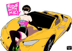 Rule 34 | 1girl, absurdres, arm support, artist name, bare shoulders, black choker, black gloves, black hair, black skirt, breasts, car, choker, cleavage, commentary, commission, curvy, elbow gloves, english commentary, english text, gloves, highres, knee up, lamborghini, lamborghini huracan, large breasts, looking at viewer, miniskirt, motor vehicle, norman maggot, olive laurentia, on vehicle, original, pencil skirt, pixie cut, race queen, shoes, short hair, simple background, skirt, sneakers, solo, speech bubble, sports car, strapless, thighhighs, vehicle focus, white background, zettai ryouiki