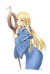Rule 34 | 1girl, bai linqin, blonde hair, blue eyes, blue robe, check copyright, choker, copyright request, dungeon meshi, elf, highres, holding, holding staff, long hair, long sleeves, parted lips, plant, pointy ears, red choker, robe, signature, simple background, smile, solo, sprout, staff, white background, wide sleeves