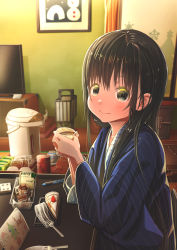 Rule 34 | 1girl, aiuabo, black eyes, black hair, blue kimono, cake, christmas, coffee, coffee cup, coffee pot, commentary request, cup, disposable cup, drawing, food, fork, heater, highres, holding, holding cup, indoors, japanese clothes, kimono, long hair, long sleeves, looking at viewer, nail polish, original, packet, paper, pen, picture frame, smile, solo, strawberry shortcake, striped clothes, striped kimono, striped nails, table, television, wrapper, yukata