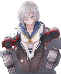 Rule 34 | 10s, 1girl, :d, ammunition, between breasts, black pantyhose, black skirt, blue eyes, blush, breasts, buttons, cleavage, collarbone, from above, full body, gloves, grey footwear, hair ornament, hair over one eye, hairclip, hamakaze (kancolle), hands on lap, kantai collection, knees together feet apart, large breasts, looking at viewer, machinery, miniskirt, open mouth, own hands together, pantyhose, pleated skirt, school uniform, serafuku, shirt, shoes, short hair, short sleeves, silver hair, simple background, sitting, skirt, smile, solo, strap between breasts, thigh strap, torn clothes, torn pantyhose, torn shirt, torpedo, v arms, wariza, white background, white gloves, yukiguni yuu