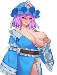 Rule 34 | 1girl, blue hat, blue kimono, breasts, frilled kimono, frilled sleeves, frills, grabbing, grabbing another&#039;s breast, grabbing own breast, hat, highres, huge breasts, japanese clothes, kimono, long sleeves, mob cap, obi, open clothes, oreomanko, pink eyes, pink hair, plump, saigyouji yuyuko, sash, short hair, simple background, solo, thick thighs, thighs, touhou, triangular headpiece, wavy hair, white background, wide sleeves