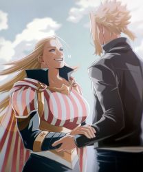 Rule 34 | 1boy, 1girl, :d, artist name, black jacket, black pants, blonde hair, blue eyes, bodysuit, boku no hero academia, cape, cathleen bate, cloud, collarbone, commentary, english commentary, english text, from side, height difference, highres, jacket, long hair, long sleeves, looking at another, open mouth, outdoors, pants, red bodysuit, red cape, sidelocks, smile, spoilers, star and stripe, striped bodysuit, striped cape, superhero costume, teeth, trevo (trevoshere), upper teeth only, white bodysuit, white cape, yagi toshinori