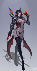 Rule 34 | 10s, 1girl, absurdres, arm at side, armor, artist name, bikini armor, black footwear, black gloves, black hair, black panties, black thighhighs, boots, breasts, claws, cleavage, commentary, corset, crossed legs, detached sleeves, elbow gloves, elf, eyelashes, full body, garter straps, gauntlets, gloves, hand up, high heel boots, high heels, highres, huge breasts, kill la kill, large breasts, lips, long hair, looking at viewer, makeup, mascara, midriff, multicolored hair, navel, nose, original, panties, pauldrons, pointy ears, red hair, shadow, shoulder armor, showgirl skirt, smjim1986, solo, standing, streaked hair, string panties, thigh boots, thighhighs, two-tone hair, underwear